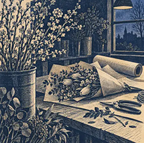 Illustration of floral businesses equipment and workspace